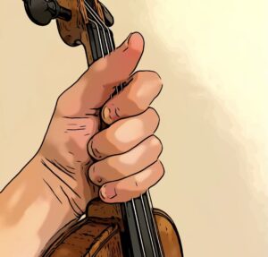 take the violin with your left hand