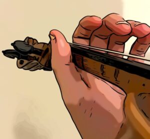 violins neck is resting on the thumb and first finger
